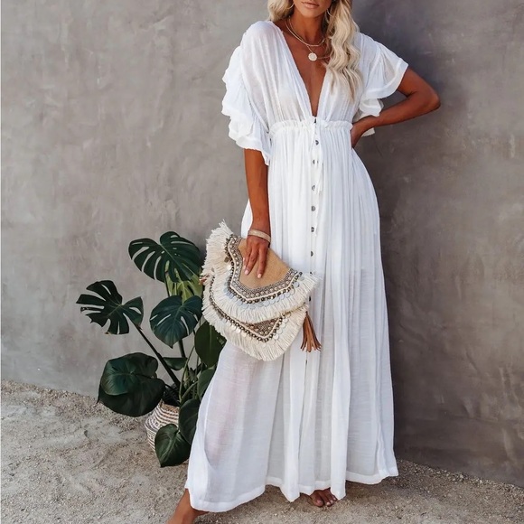 #30 Gorgeous White Bohemian Button Down Vacation Flowy Ruffled Resort Maxi Dress - Picture 4 of 10